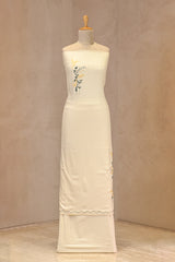 Off-White Mulmul Suit Set With Mustard Yellow Floral Embroidery