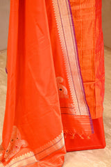 Orange Katan Silk Suit Set With Zari Stripes & Paisely Motif Dupatta