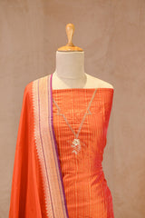 Orange Katan Silk Suit Set With Zari Stripes & Paisely Motif Dupatta
