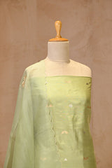 Sage Green Katan Silk Suit Set with Scalloped Organza Dupatta