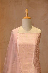 Rose Gold Katan Silk Suit Set With Handwoven Jaal & Organza Dupatta