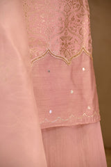 Rose Gold Katan Silk Suit Set With Handwoven Jaal & Organza Dupatta