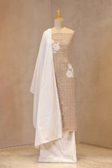 Beige Unstitched Cotton Suit Piece With Checks And Floral Grid Design