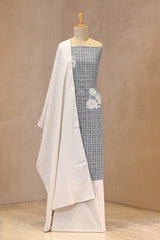 Blue Unstitched Cotton Suit Piece With Checks And Floral Grid Design