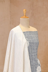 Blue Unstitched Cotton Suit Piece With Checks And Floral Grid Design