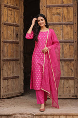 Rani Pink Chiniya Silk Unsticthed Women Suit Set with Floral Motifs