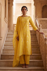 Yellow Chiniya Silk Suit Set With Ashva Motifs & Gold Embellished Dupatta