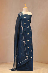 Gold zari woven ethnic ashva motif on Dark Blue Chiniya silk unstitched suit set with an embroidered organza dupatta.