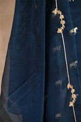 Dark Blue Chiniya Silk Suit Set With Ashva Motifs & Gold Embellished Dupatta