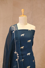 Dark Blue Chiniya Silk Suit Set With Ashva Motifs & Gold Embellished Dupatta