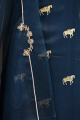 Dark Blue Chiniya Silk Suit Set With Ashva Motifs & Gold Embellished Dupatta