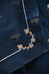 Dark Blue Chiniya Silk Suit Set With Ashva Motifs & Gold Embellished Dupatta