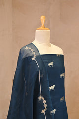 Dark Blue Chiniya Silk Suit Set With Ashva Motifs & Gold Embellished Dupatta