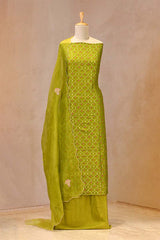 Henna Green Chiniya Silk Suit Set With Bandhni Jaal & Organza Embellished Dupatta