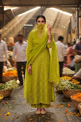 Women wearing Kutch Bandhani Suit Set ith wedding ready organza dupatta...