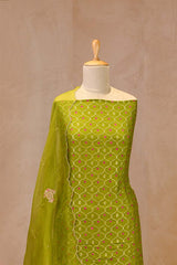 Henna Green Chiniya Silk Suit Set With Bandhni Jaal & Organza Embellished Dupatta