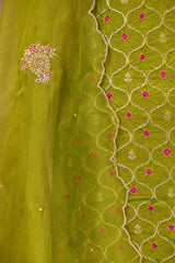 Henna Green Chiniya Silk Suit Set With Bandhni Jaal & Organza Embellished Dupatta