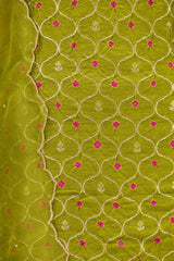 Henna Green Chiniya Silk Suit Set With Bandhni Jaal & Organza Embellished Dupatta