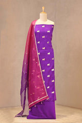 Gold zari woven Pichwai motifs on a Purple Chiniya silk unstitched suit set paired with a dual-tone sequence embroidered organza dupatta.