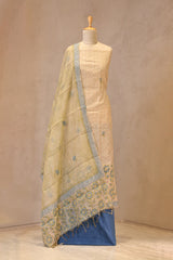 Beige Cotton Silk Three Piece Unstitched Suit Set with Resham Embroidery