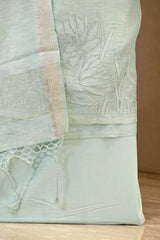 Sea Green Linen Three Piece Unstitched Suit Set with Floral & Pakshi Applique Work