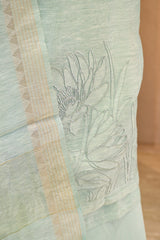 Sea Green Linen Three Piece Unstitched Suit Set with Floral & Pakshi Applique Work