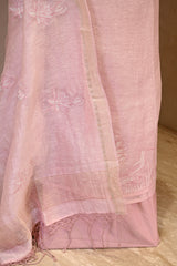 Pink Linen Three Piece Unstitched Suit Set with Floral & Pakshi Applique Work