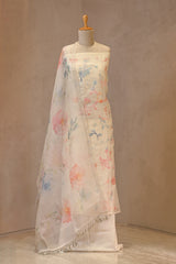 White Linen Three Piece Unstitched Suit Set with Multicolor Floral Applique Work