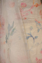 White Linen Three Piece Unstitched Suit Set with Multicolor Floral Applique Work