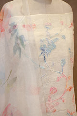 White Linen Three Piece Unstitched Suit Set with Multicolor Floral Applique Work