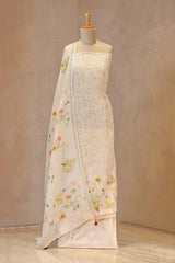 White Linen Three Piece Unstitched Suit Set with Floral Print