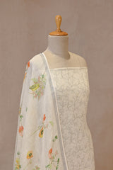 White Linen Three Piece Unstitched Suit Set with Floral Print