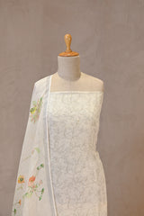 White Linen Three Piece Unstitched Suit Set with Floral Print