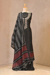 Black Semi Tussar Silk Three Piece Unstitched Suit Set with Resham Embroidery