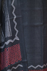 Black Semi Tussar Silk Three Piece Unstitched Suit Set with Resham Embroidery