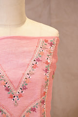 Pink Linen Three Piece Unstitched Suit Set with Resham Embroidery & Embellishment