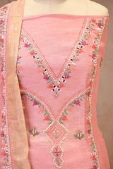 Pink Linen Three Piece Unstitched Suit Set with Resham Embroidery & Embellishment