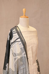 Off White Cotton Silk Three Piece Unstitched Suit Set with Floral Prints and French Knot Embroidery
