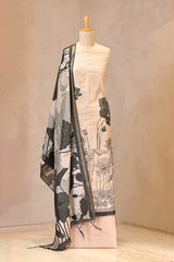 Off White Cotton Silk Three Piece Unstitched Suit Set with Floral Prints and French Knot Embroidery