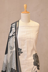 Off White Cotton Silk Three Piece Unstitched Suit Set with Floral Prints and French Knot Embroidery