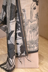Off White Cotton Silk Three Piece Unstitched Suit Set with Floral Prints and French Knot Embroidery