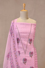 Pink Linen Three Piece Unstitched Suit Set with Floral Print and Cutdana Embellishment