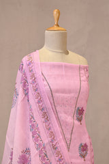 Pink Linen Three Piece Unstitched Suit Set with Floral Print and Cutdana Embellishment
