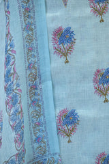 Blue Linen Three Piece Unstitched Suit Set with Floral Print and Cutdana Embellishment