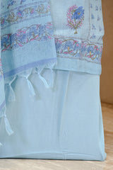 Blue Linen Three Piece Unstitched Suit Set with Floral Print and Cutdana Embellishment