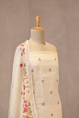 White Linen Three Piece Unstitched Suit Set with Floral Embroidery and Pakshi Motif