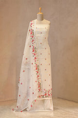 White Linen Three Piece Unstitched Suit Set with Floral Embroidery and Pakshi Motif