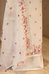 White Linen Three Piece Unstitched Suit Set with Floral Embroidery and Pakshi Motif
