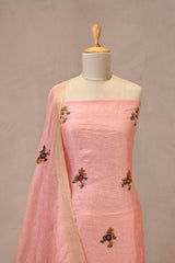 Peach Linen Three Piece Unstitched Suit Set with French Knot & Sequence Embroidery
