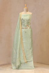 Sage Green Linen Unstitched Suit Set with Applique Work and Zardozi Embroidery